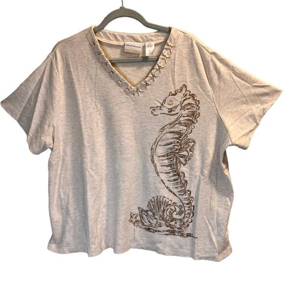 Alfred Dunner Beaded V-Neck Seahorse Top Plus Size 3X Cream Cotton Blend - Picture 1 of 12